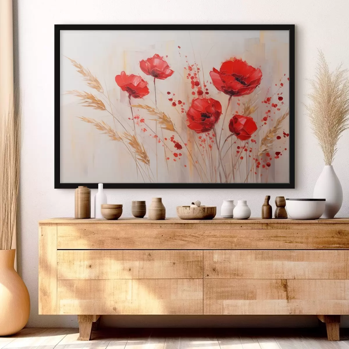 Poster Rote Mohnblumen mit gelben Weizenhalmen, vor einem weichen, neutralen Hintergrund mit roten Farbspritzern f44926