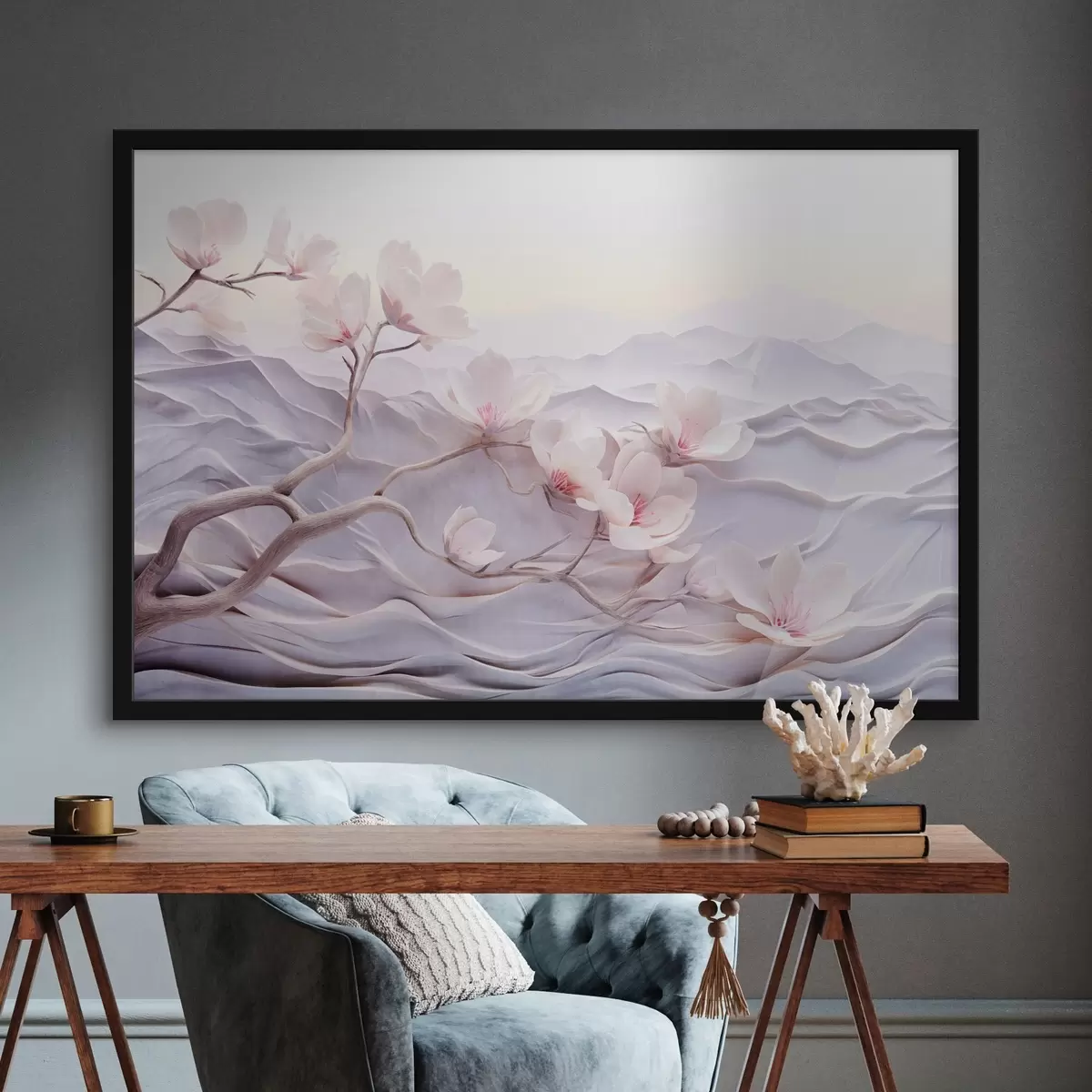 Poster Blütenzweig mit rosa Blumen, Berge im Hintergrund, weiche Pastellfarben, japanische Strukturkunst f44930