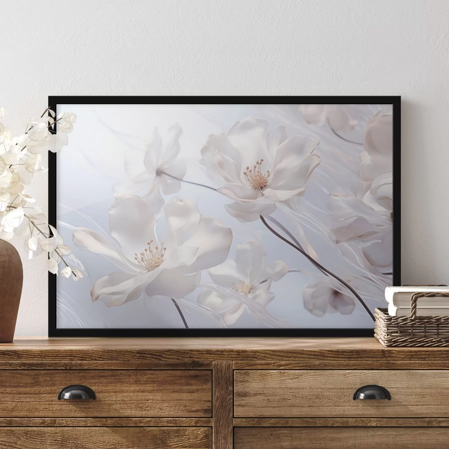 Fototapete Weiße Blumen mit durchscheinenden Blütenblättern, weicher hellblauer Hintergrund, elegant, romantisch, zart, verträumt f44931