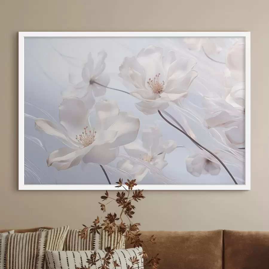 Fototapete Weiße Blumen mit durchscheinenden Blütenblättern, weicher hellblauer Hintergrund, elegant, romantisch, zart, verträumt f44931