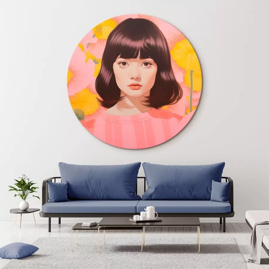 Wandbilder Ein dekoratives minimalistisches Porträt von asiatischen Mädchen in einem Feld von gelben und rosa Blumen r44924