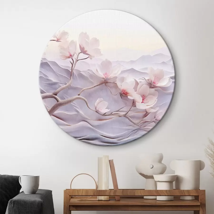 Wandbilder Blütenzweig mit rosa Blumen, Berge im Hintergrund, weiche Pastellfarben, japanische Strukturkunst r44930