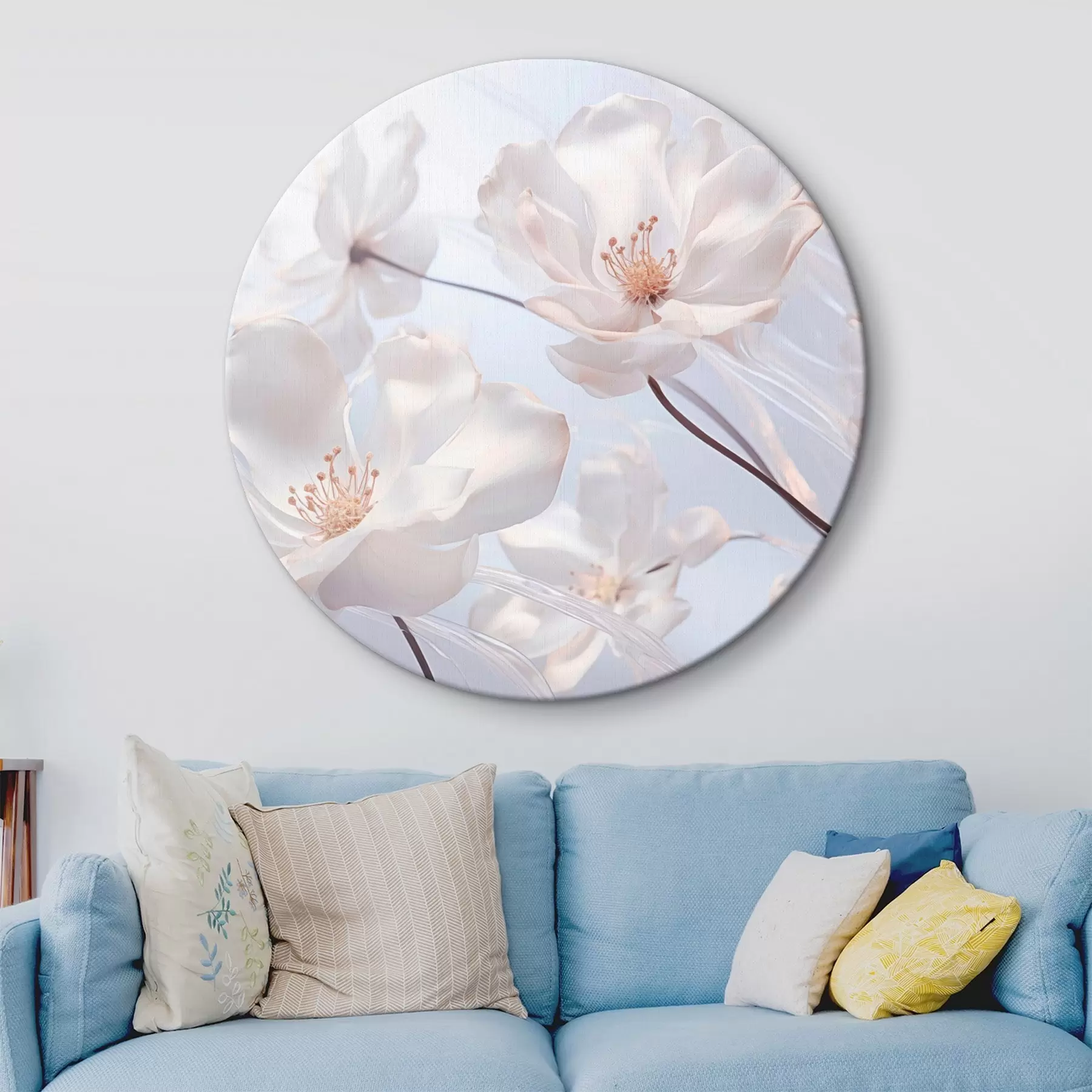 Wandbilder Weiße Blumen mit durchscheinenden Blütenblättern, weicher hellblauer Hintergrund, elegant, romantisch, zart, verträumt r44931