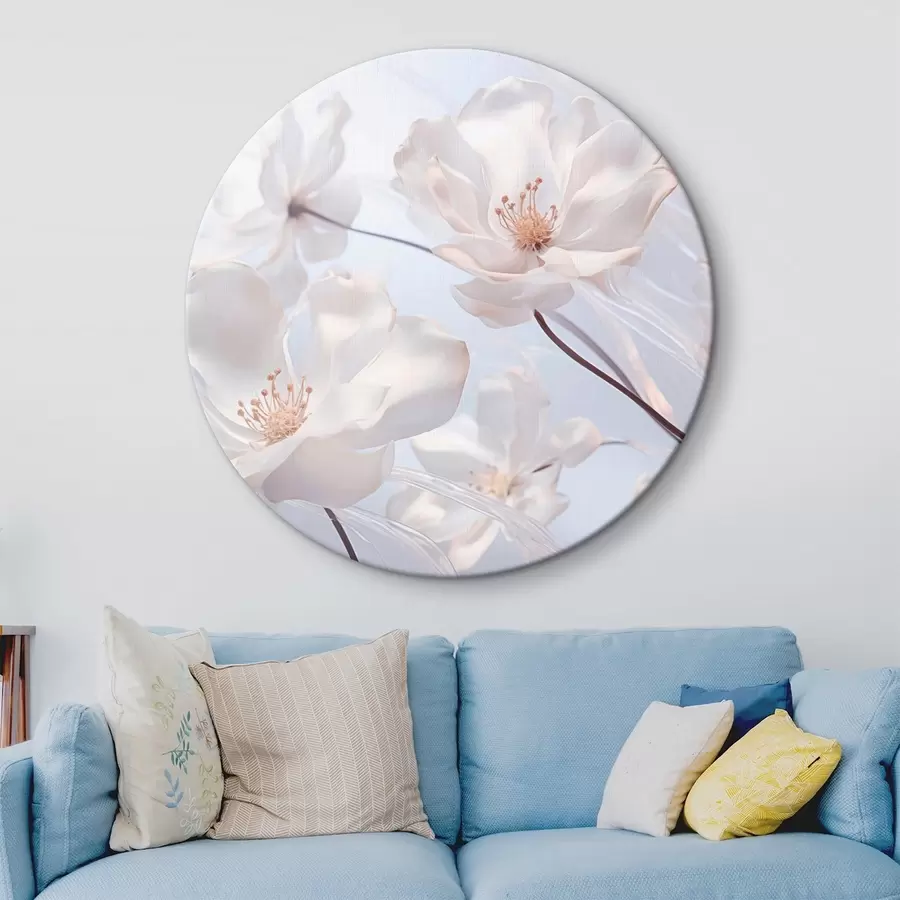 Wandbilder Weiße Blumen mit durchscheinenden Blütenblättern, weicher hellblauer Hintergrund, elegant, romantisch, zart, verträumt r44931