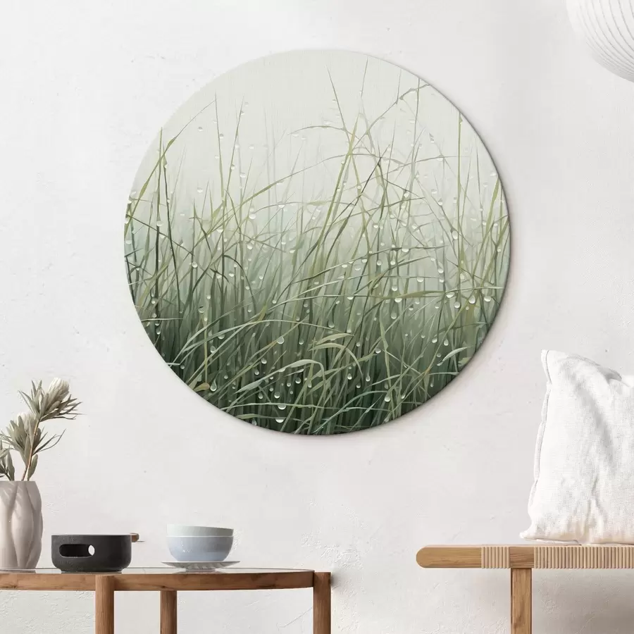 Wandbilder Gras mit Wassertropfen, Grüntöne, weiches Licht, nebliger Hintergrund, abstrakter minimalistischer strukturierter Stil r44932