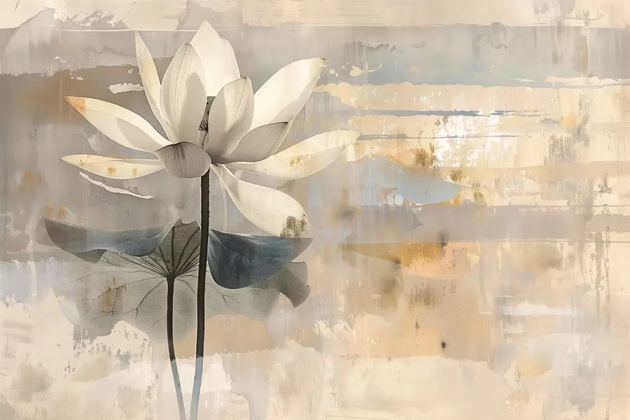 Fototapete Nachahmung eines Aquarell-Lotus vor einem abstrakten Hintergrund mit Pinselstrichen w09244