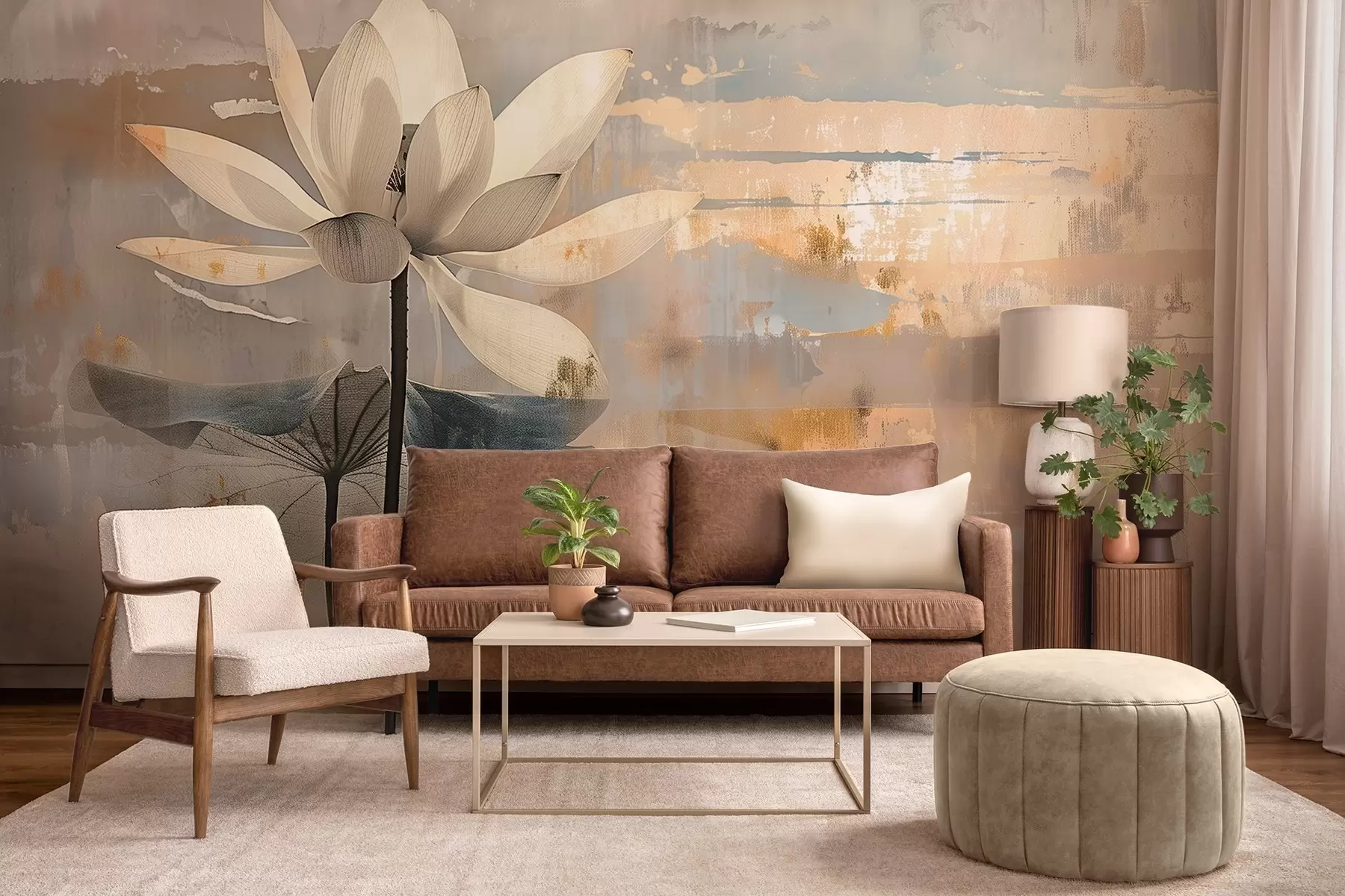 Fototapete Nachahmung eines Aquarell-Lotus vor einem abstrakten Hintergrund mit Pinselstrichen w09244