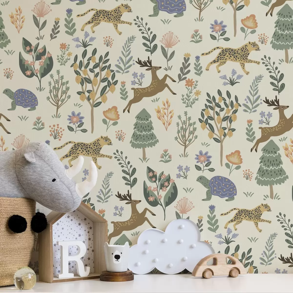 Tapete Retro-Illustration mit Leoparden, Bäumen und Hirschen a00184