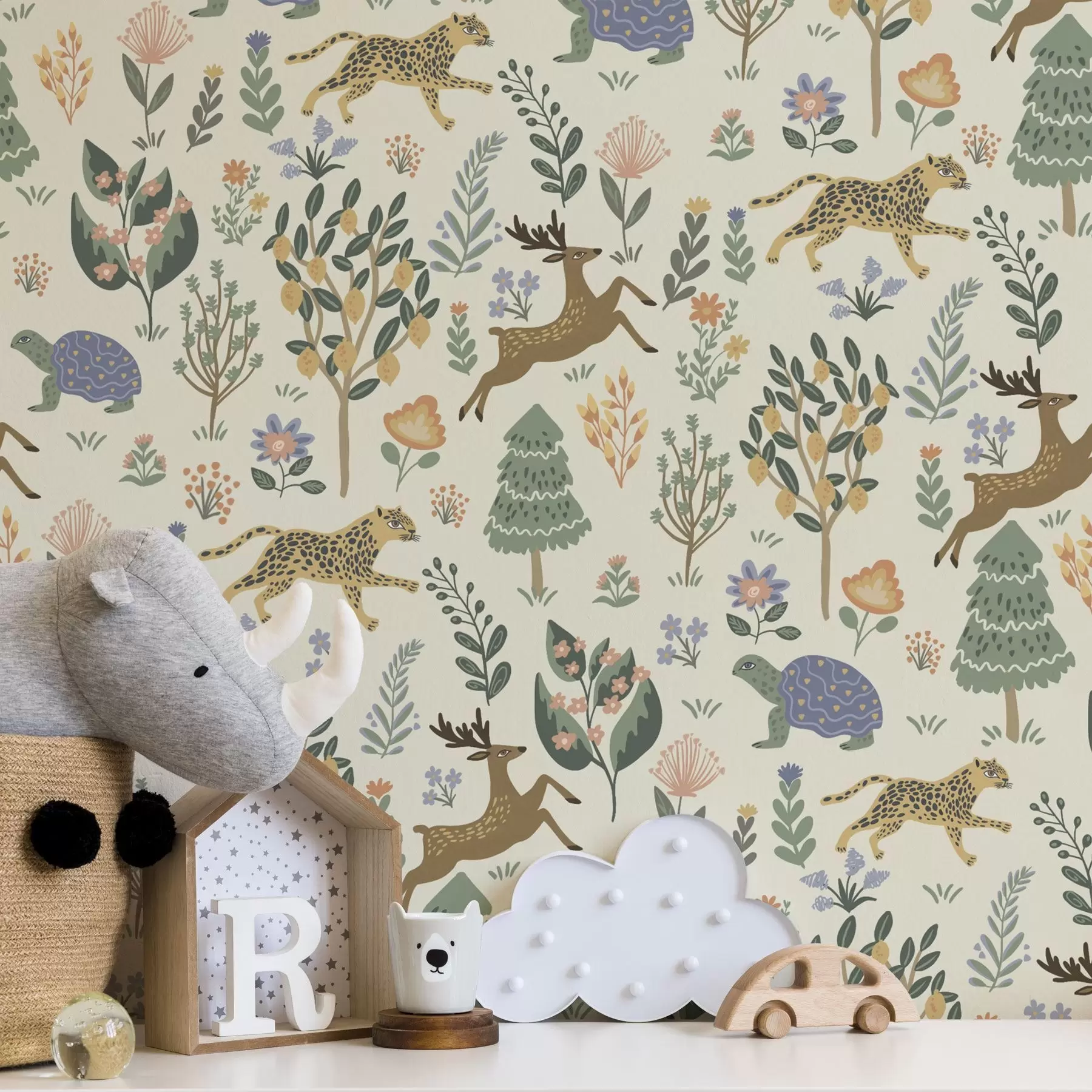 Fototapete Retro-Illustration mit Leoparden, Bäumen und Hirschen a00184