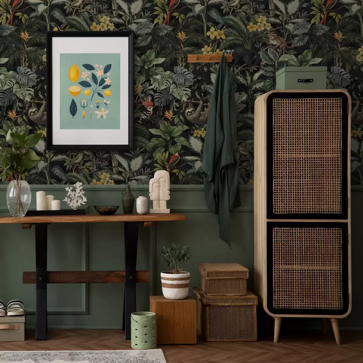 Tapete Tropischer Dschungel mit Affen, Vögeln und dichtem Blattwerk a00191