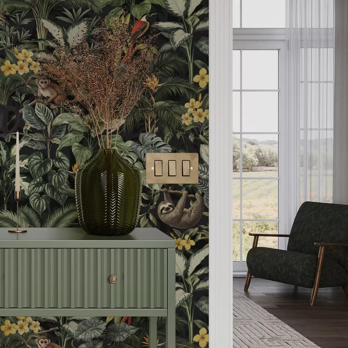 Tapete Tropischer Dschungel mit Affen, Vögeln und dichtem Blattwerk a00191