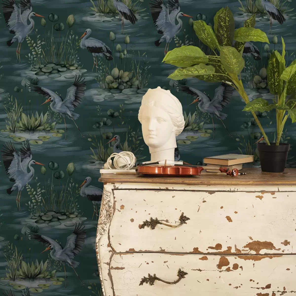 Tapete Szenen mit Reihern auf dem Hintergrund von Teichen und Seerosen a00202