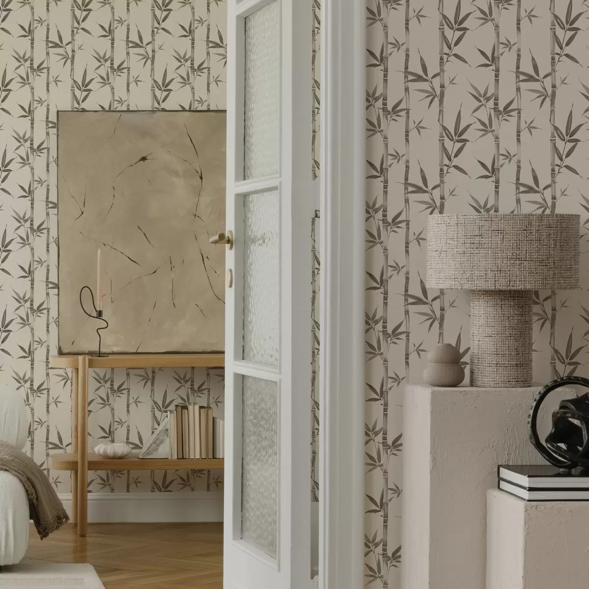 Tapete Beigefarbenes Bambusmuster mit Blättern im japanischen Stil a00236