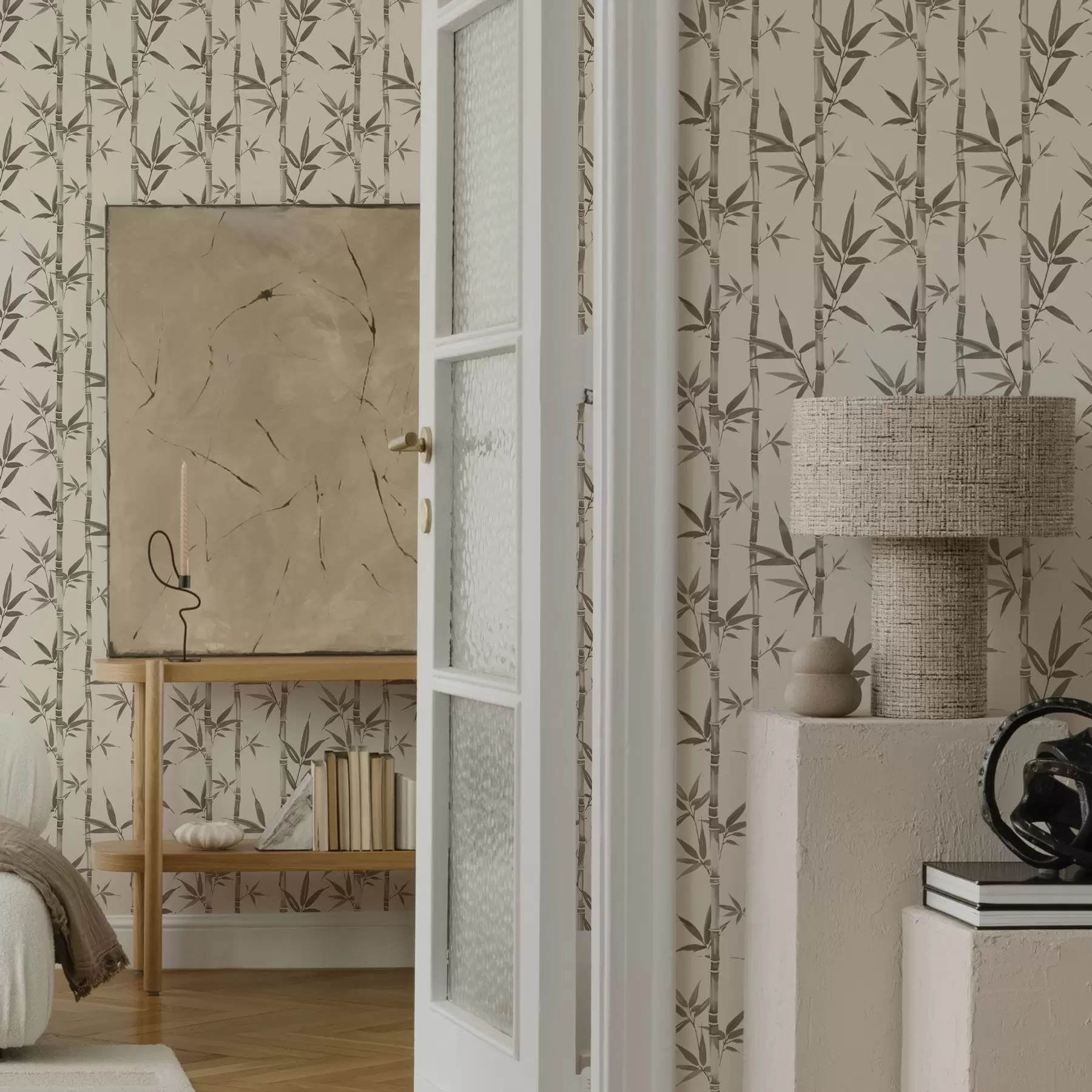 Fototapete Beigefarbenes Bambusmuster mit Blättern im japanischen Stil a00236