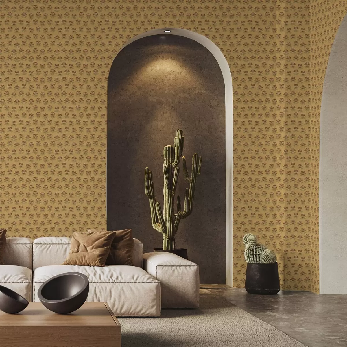 Tapete Retro-Blumenmuster mit Lotusblumen auf gelbem Hintergrund a00238