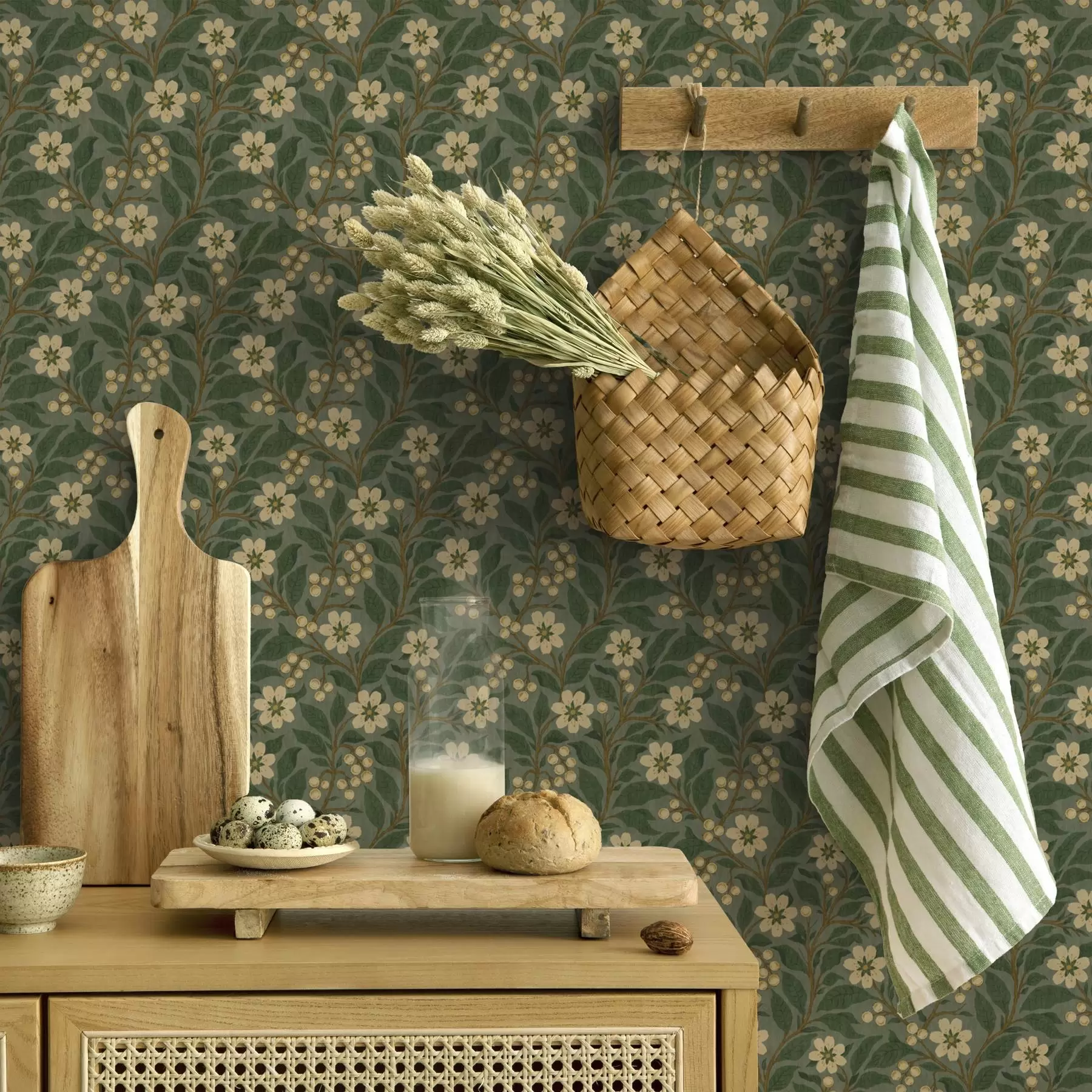 Fototapete Gelbe Blumen und Beeren auf einem grünen Hintergrund a00242