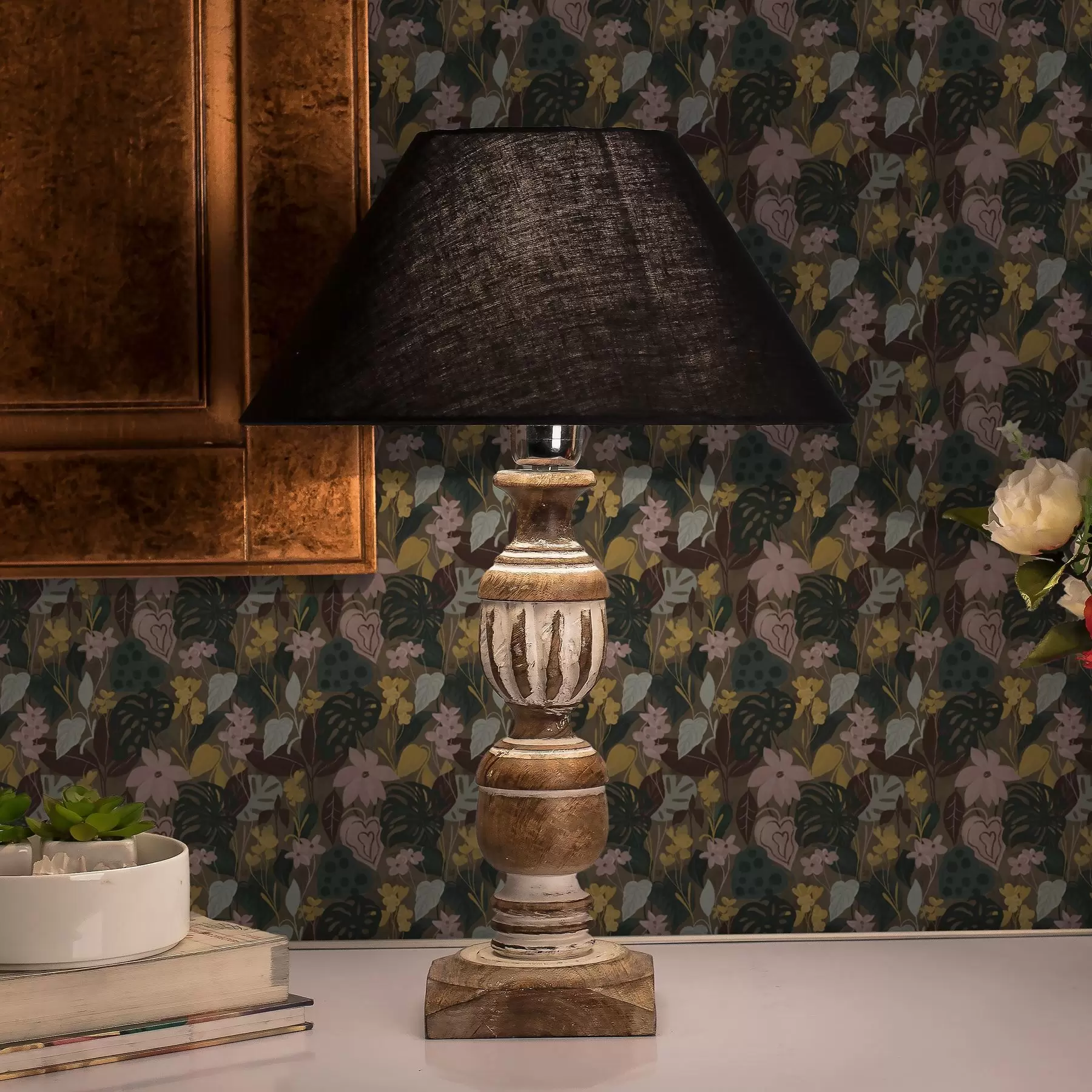 Fototapete Dunkle tropische Blätter und Blumen in einem dichten Gemälde dichtes Gemälde a00244