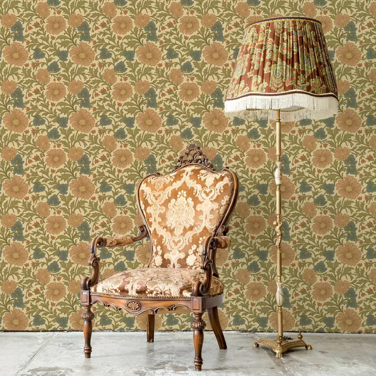 Tapete Retro-Muster mit orangefarbenen und blauen Blumen a00245