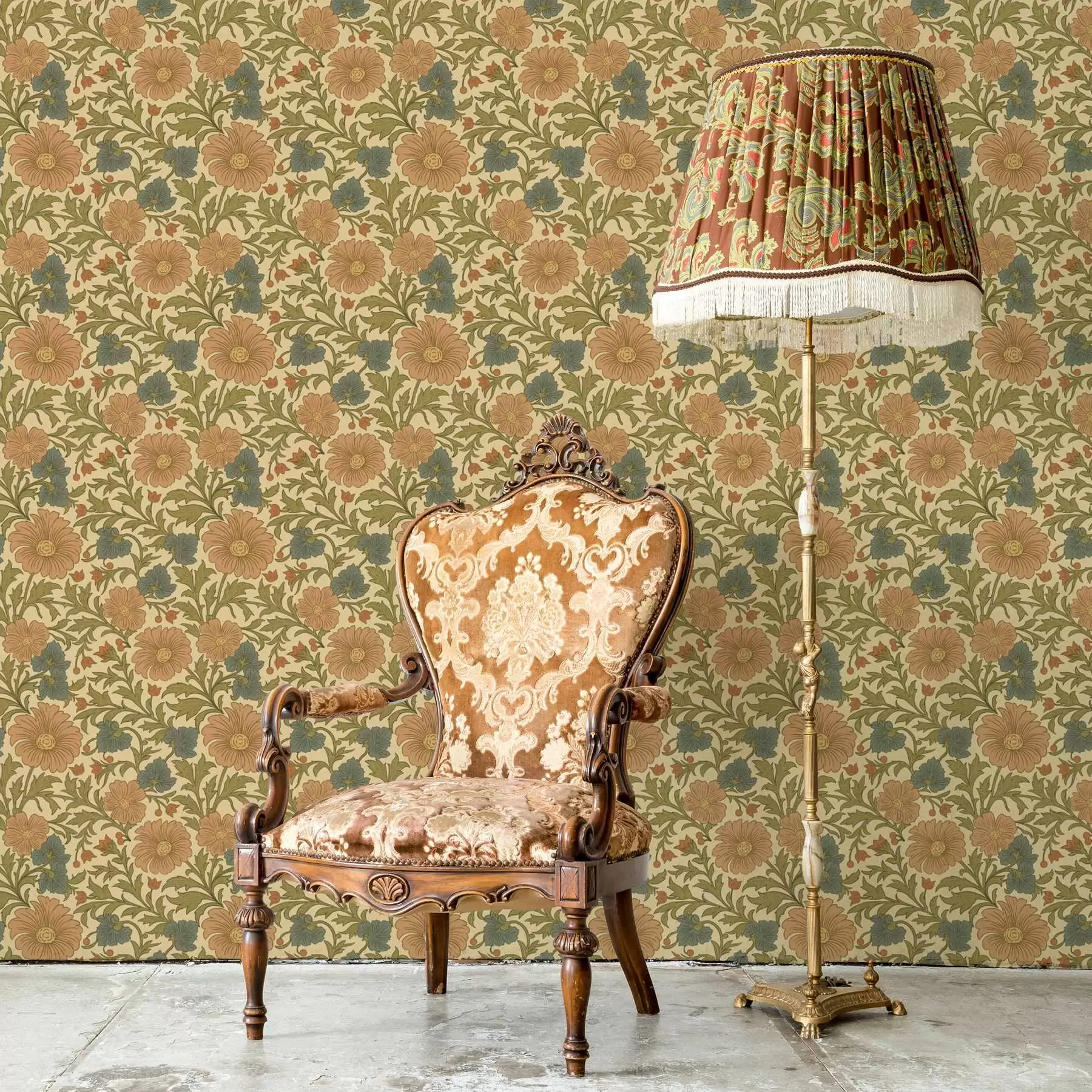 Fototapete Retro-Muster mit orangefarbenen und blauen Blumen a00245