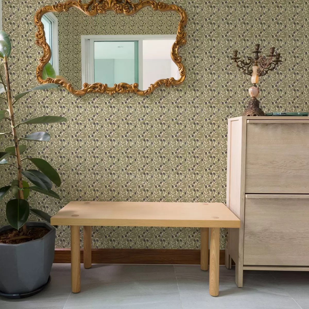 Tapete Oliven auf Zweigen in einer warmen Oliven-Palette a00246