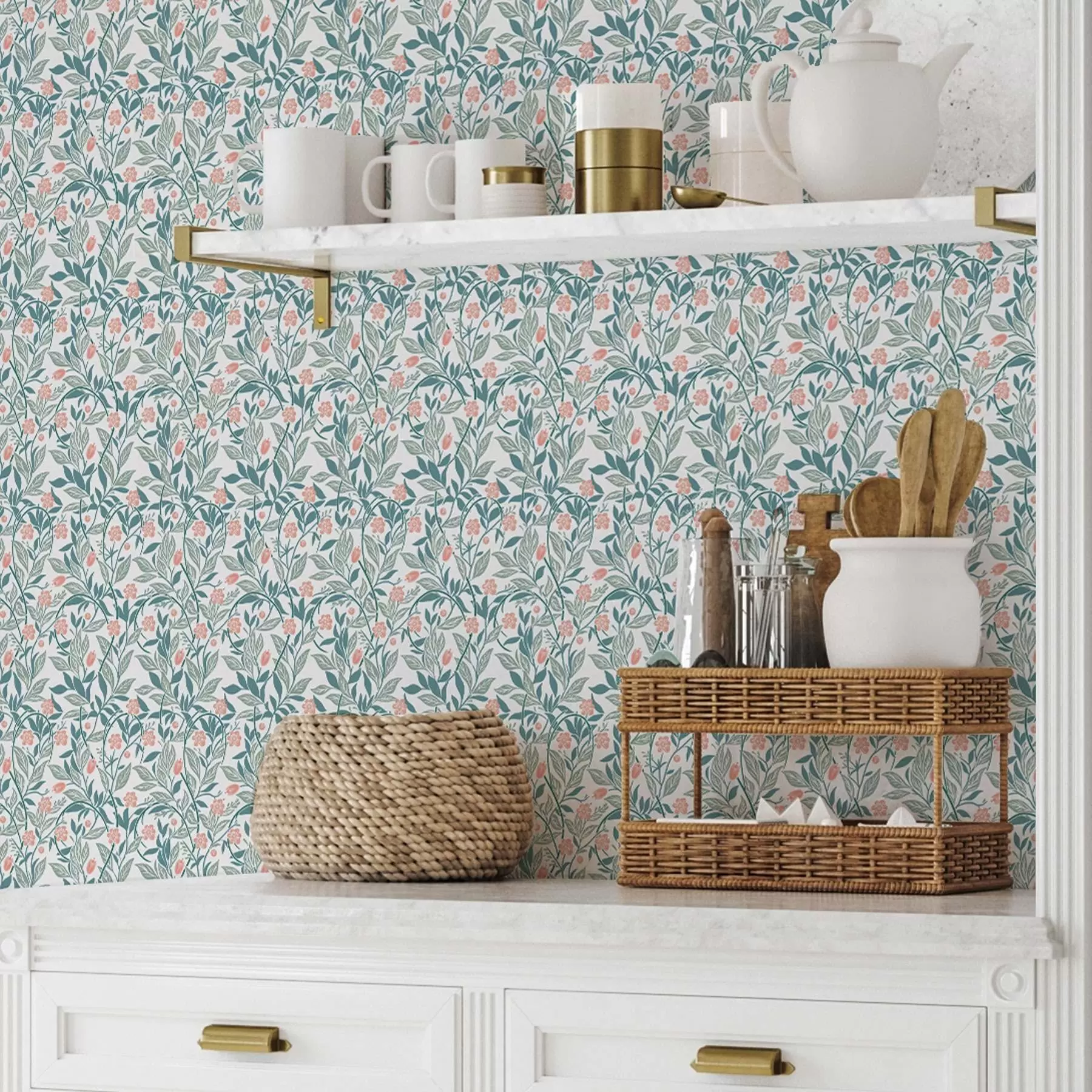 Fototapete Frisches Muster mit korallenroten Blumen und Blättern a00247