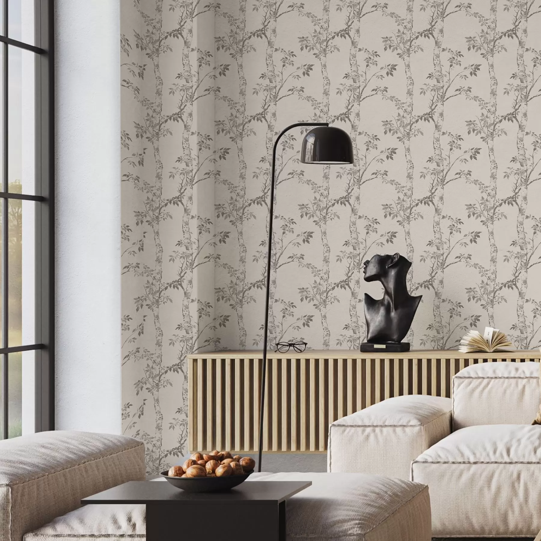 Fototapete Birkenzweige mit Blättern auf hellem Hintergrund a00257