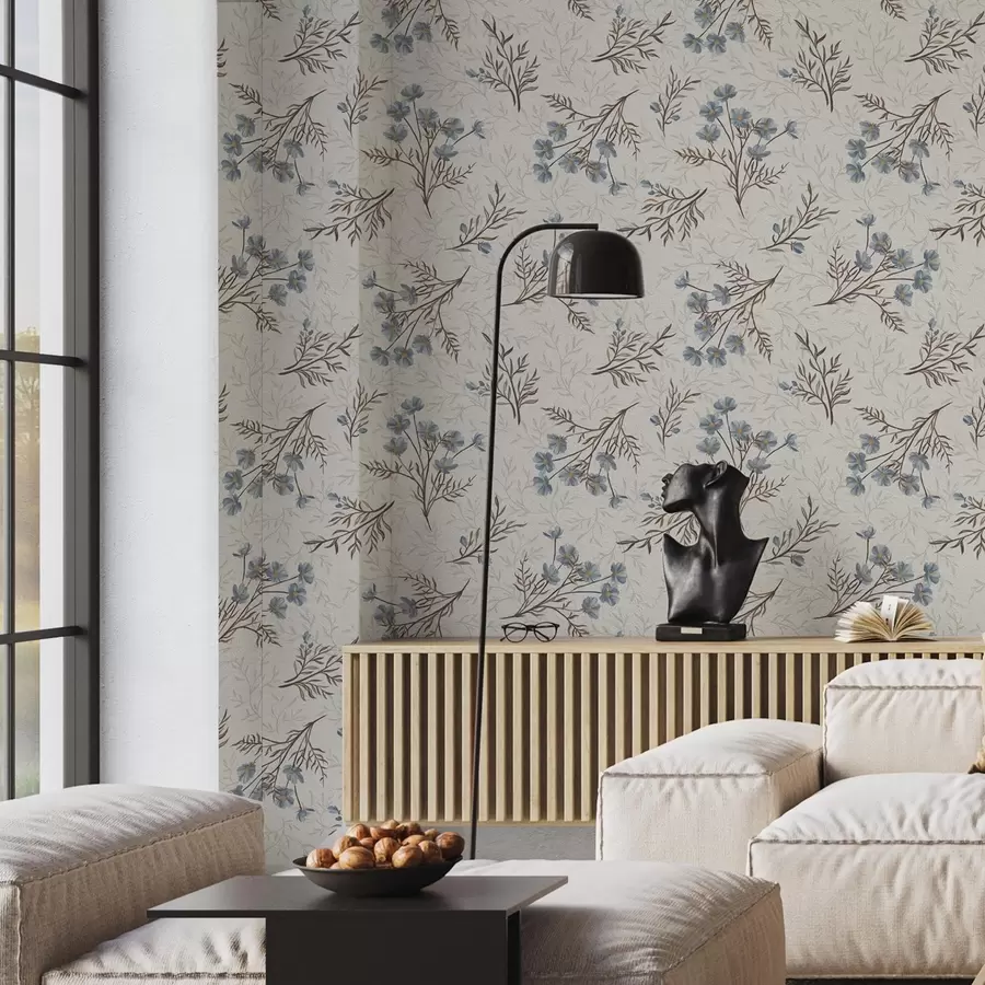 Fototapete Blaue Blumen und helle Zweige auf einem weißen Hintergrund a00265v1