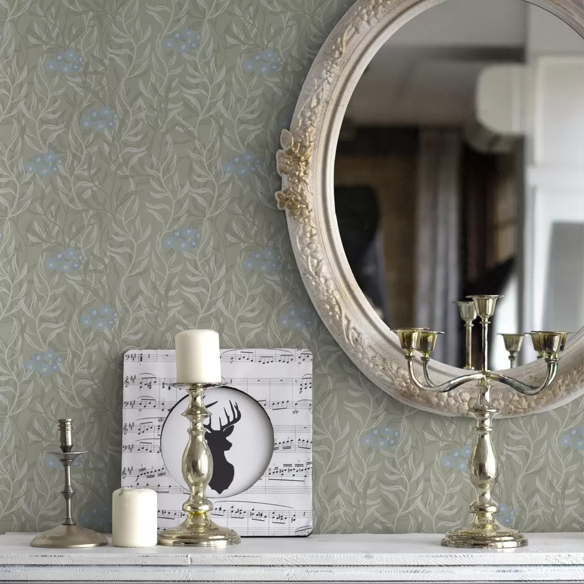 Tapete Grüner Hintergrund mit weißen Zweigen und blauen Blumen a00268v1