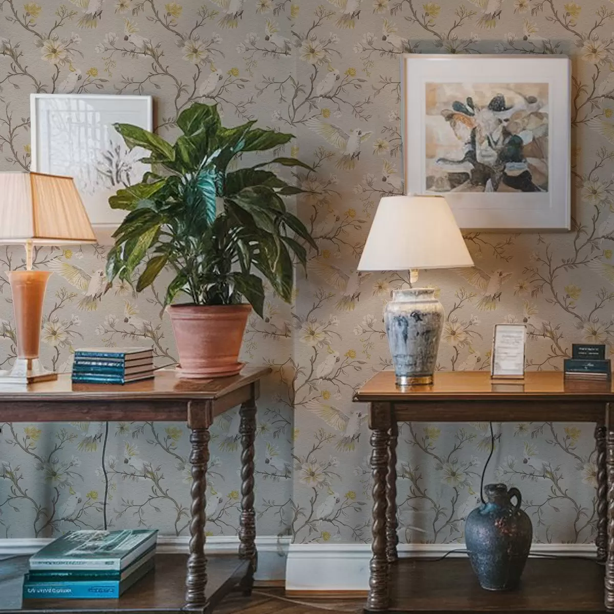 Tapete Papageien und gelbe Blumen auf hellem Hintergrund a00270