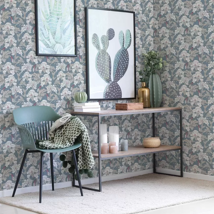 Fototapete Weißer Hibiskus auf blauem Hintergrund mit Konturenmuster a00272v1