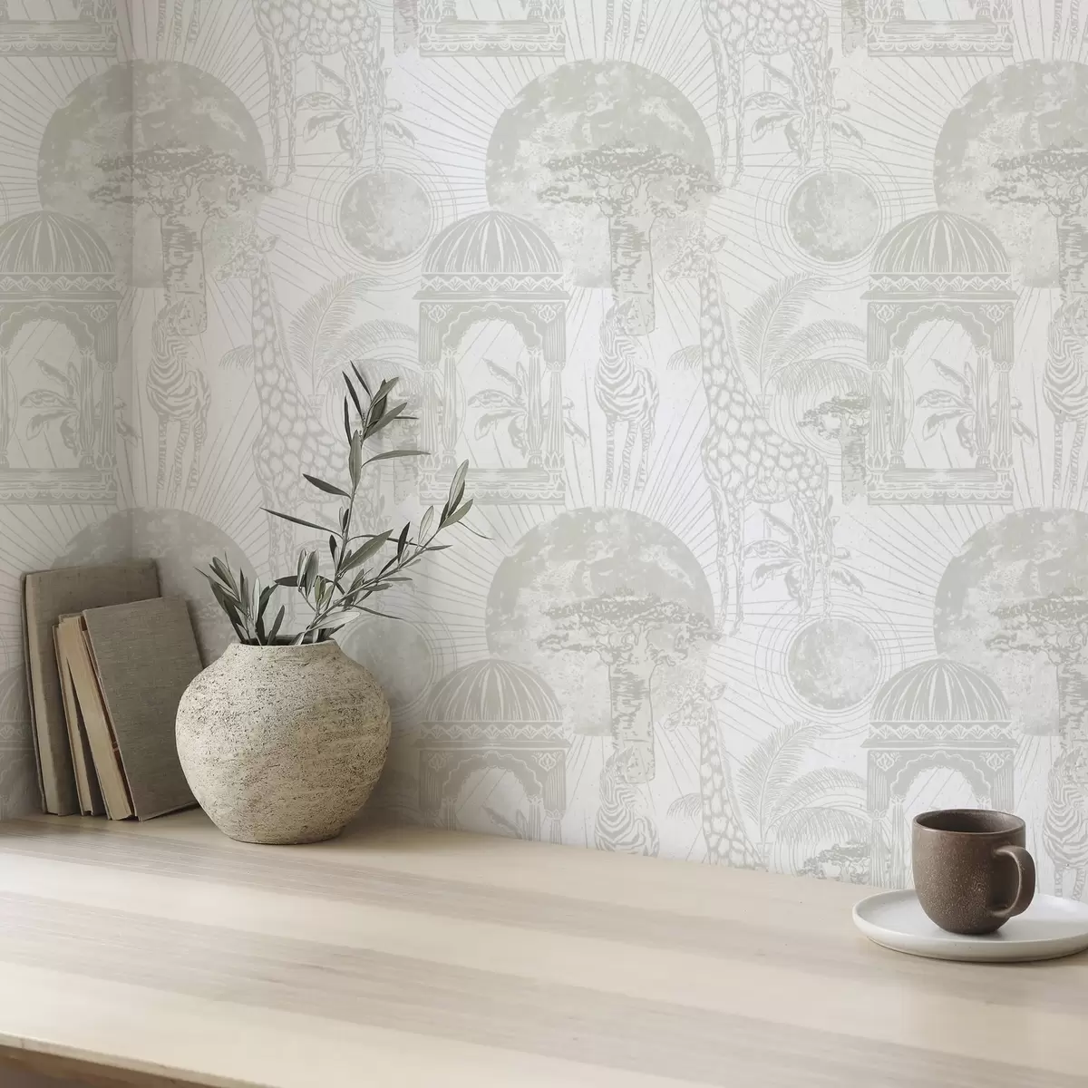 Tapete Grafische Illustration mit Giraffe, Zebra und Palmen a00276v1