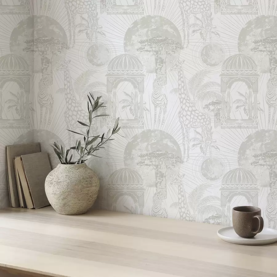 Fototapete Grafische Illustration mit Giraffe, Zebra und Palmen a00276v1