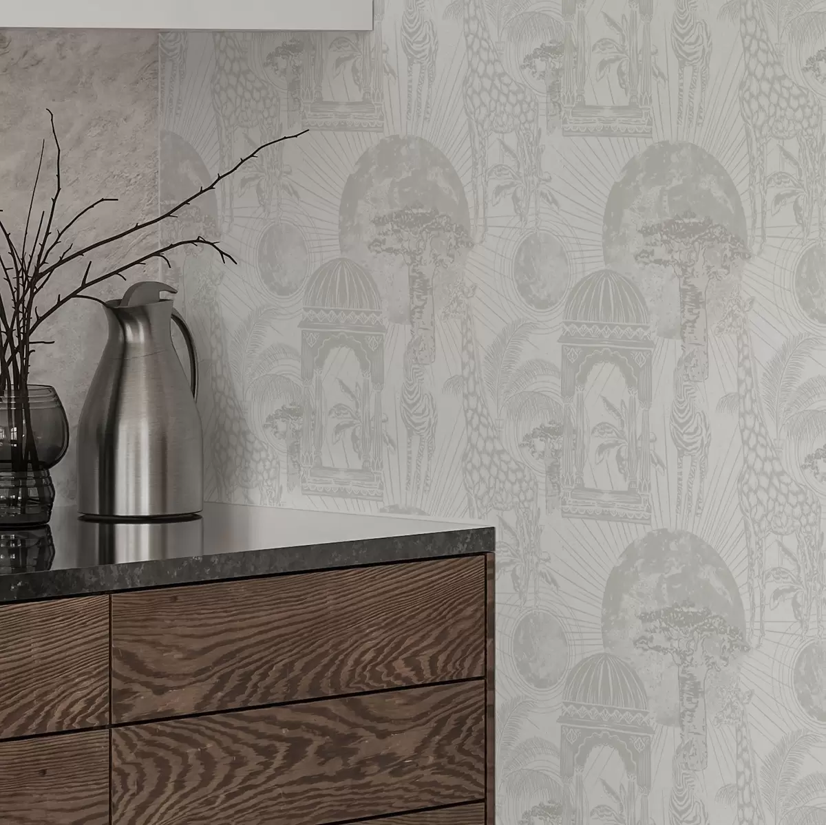 Tapete Grafische Illustration mit Giraffe, Zebra und Palmen a00276v1