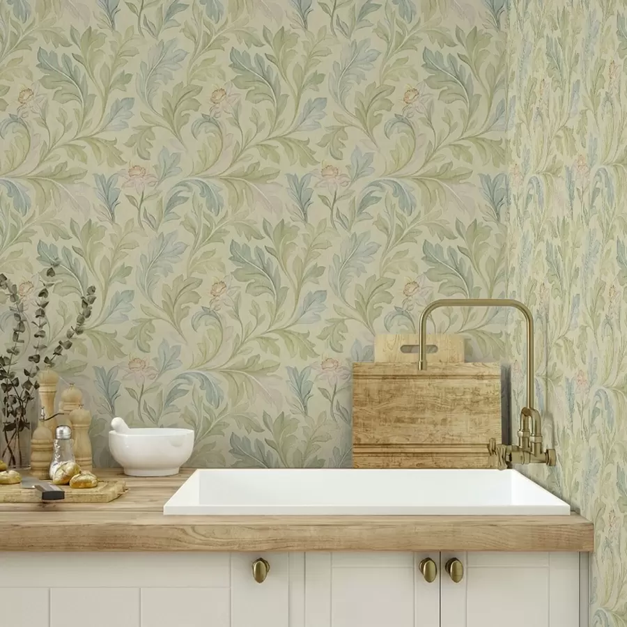 Fototapete Vintage Blätter auf gelblichem Hintergrund, weiche Farben a00277v1