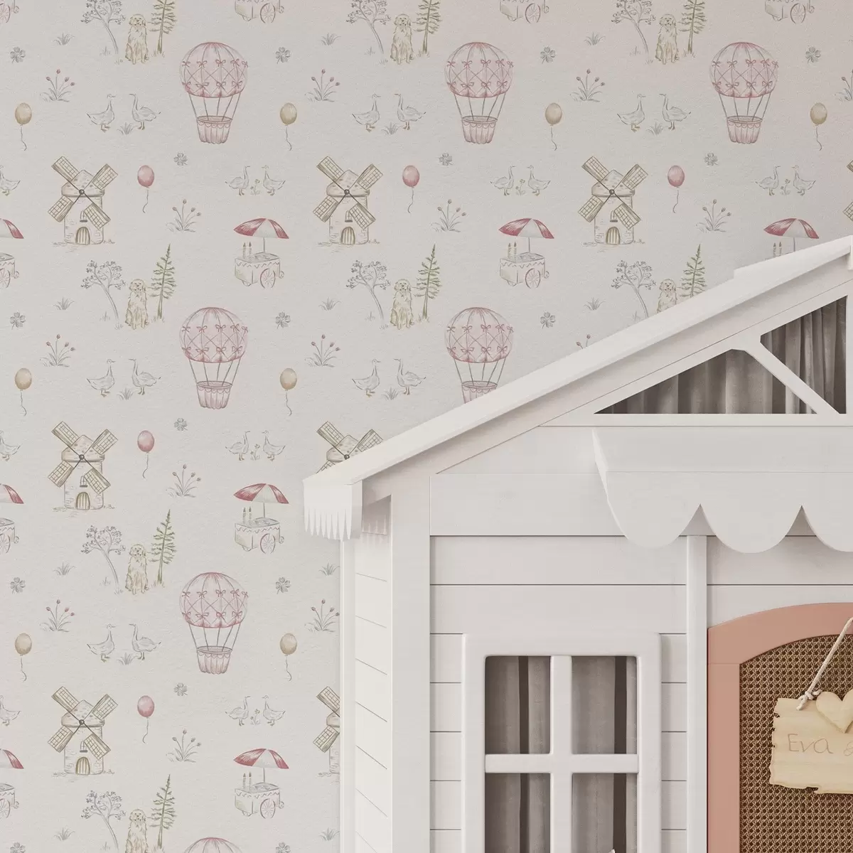 Tapete Illustrationen für Kinder: Hund, Enten, Bälle, Mühle a00278