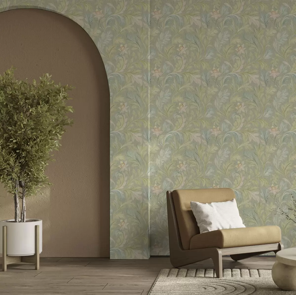 Tapete Vintage Blätter auf grünem Hintergrund, Pastellfarben a00277