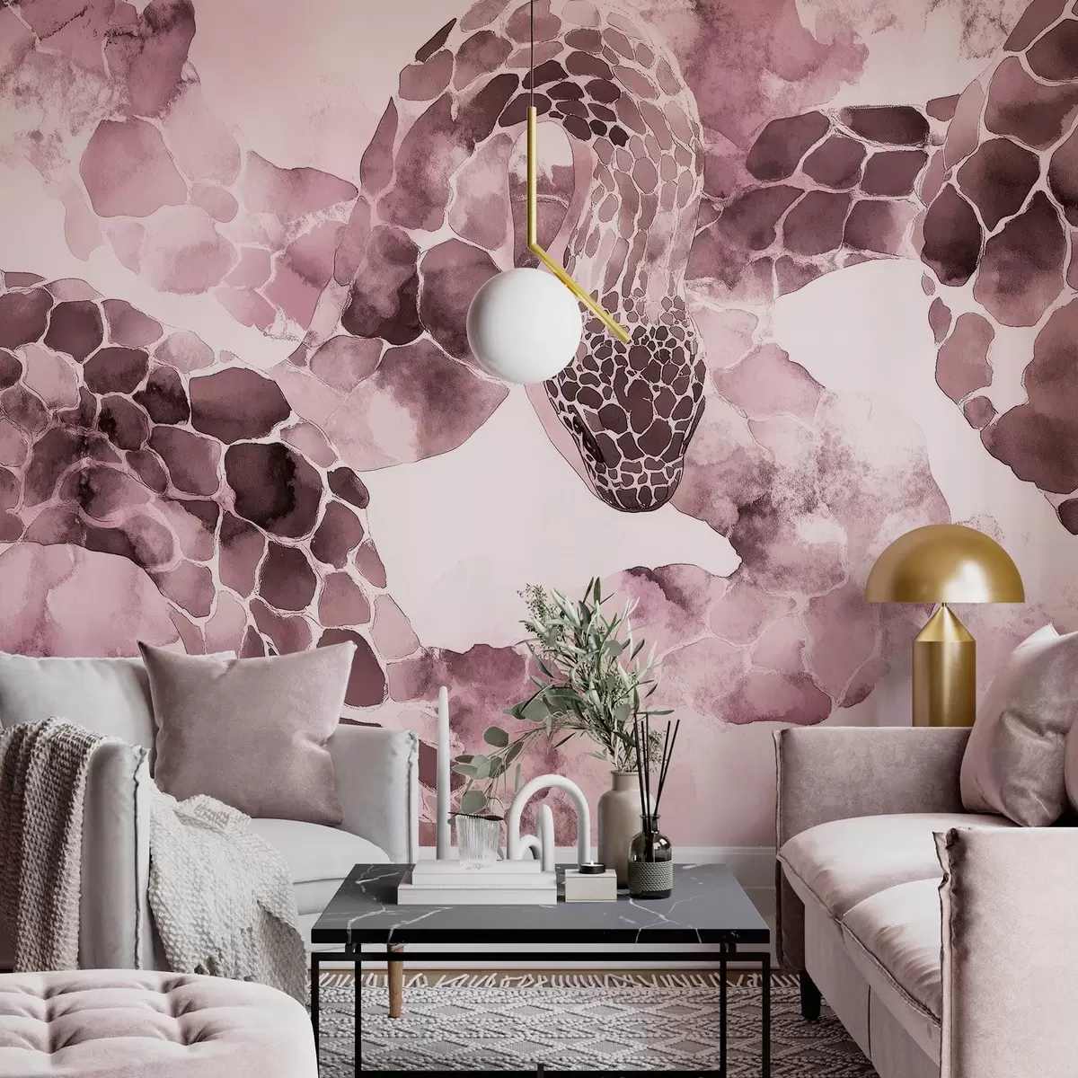 Fototapete Schlangensilhouette, Aquarellstil, burgunderrote Farben w04113v1