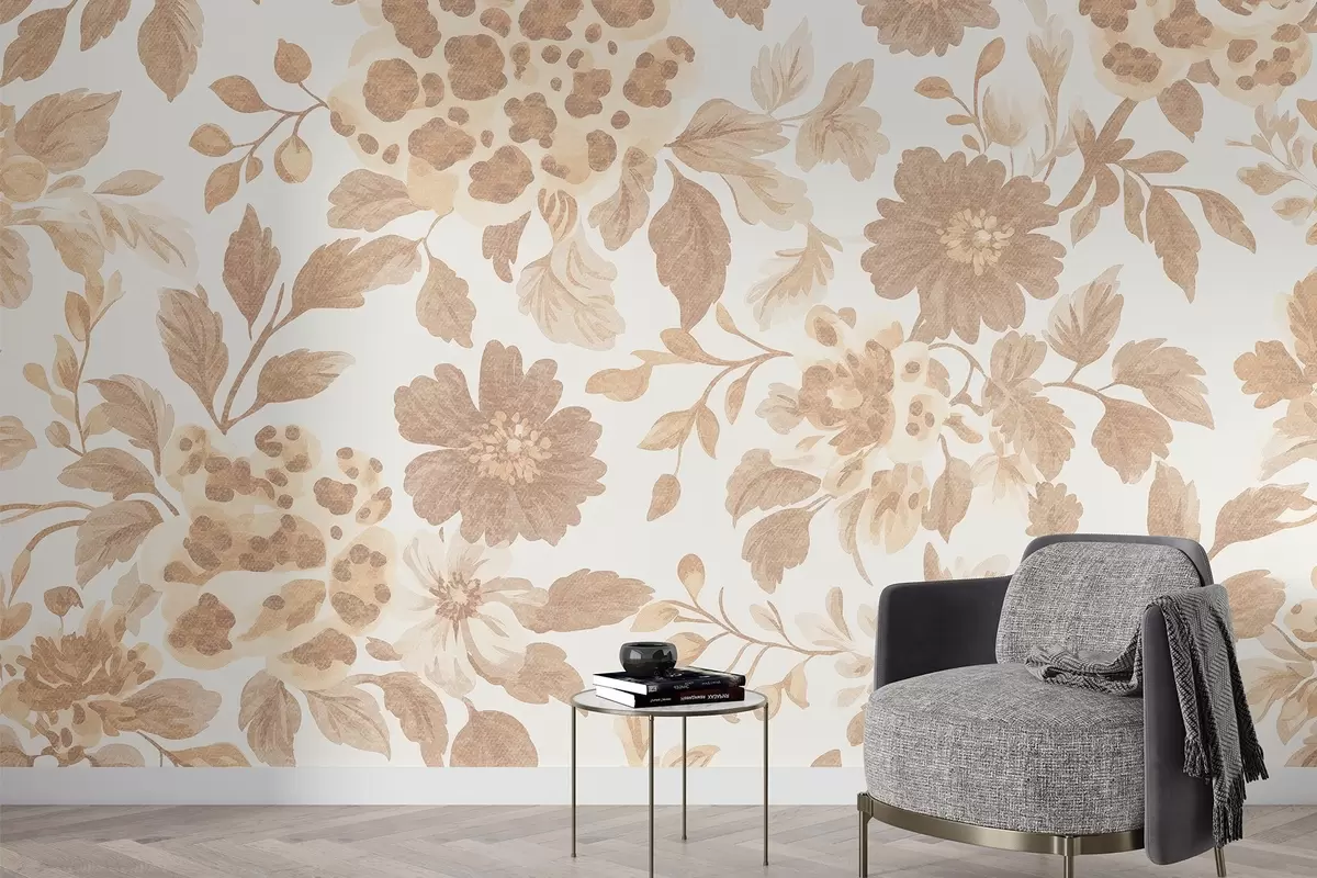 Fototapete Blumen im Boho-Stil mit Leopardenmuster, Farbe beige w04114