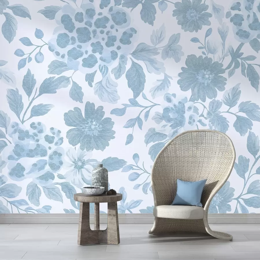 Fototapete Blumen im Boho-Stil mit Leopardenmuster, Farbe blau w04114v1