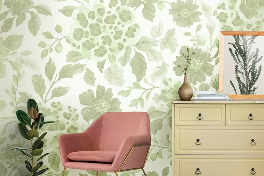 Fototapete Blumen im Boho-Stil mit Leopardenmuster, Farbe grün w04114v2