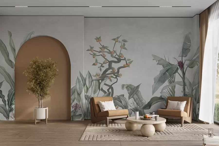 Fototapete Tropische Pflanzen mit Orangenbaum auf einem hellen Hintergrund w04201