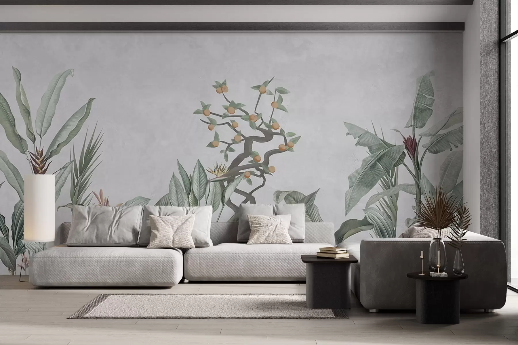 Fototapete Tropische Pflanzen mit Orangenbaum auf einem hellen Hintergrund w04201