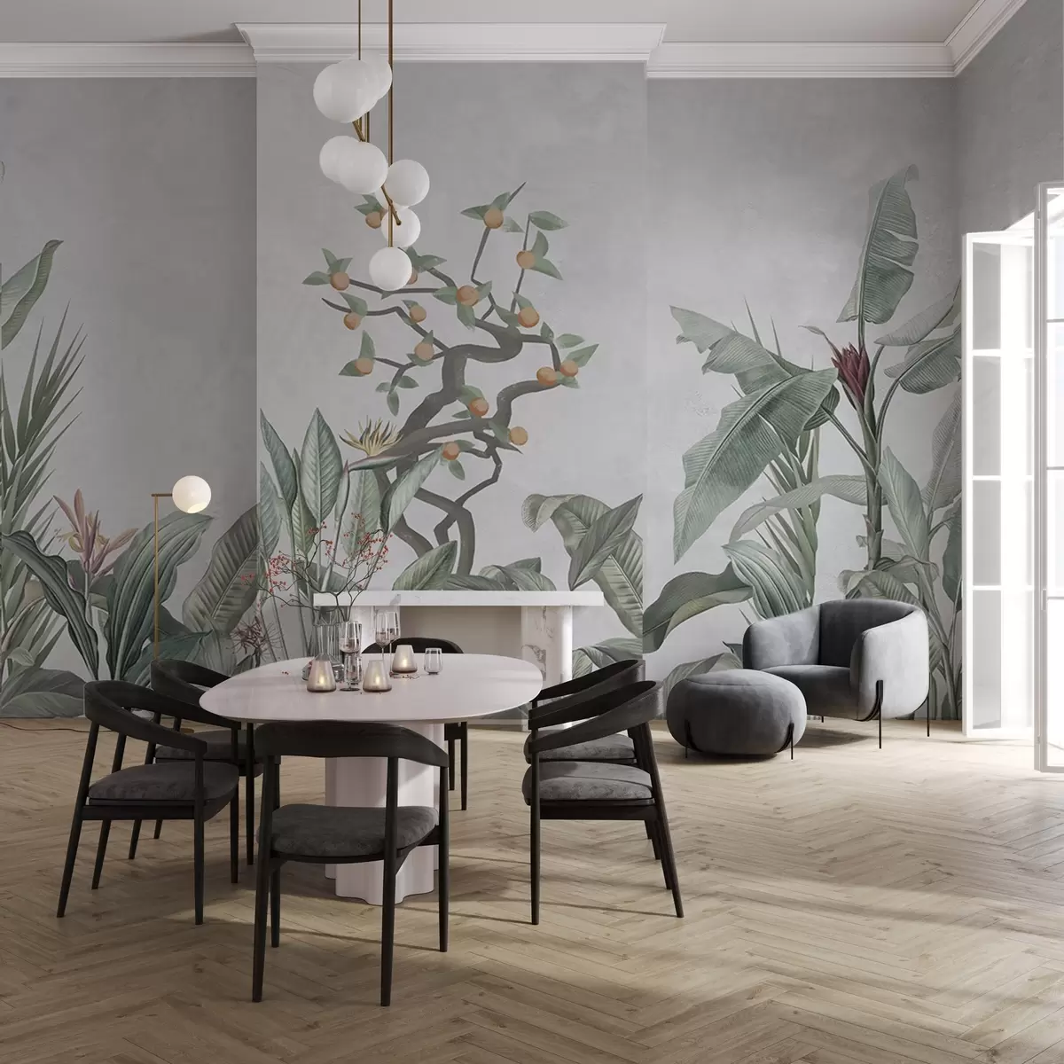 Fototapete Tropische Pflanzen mit Orangenbaum auf einem hellen Hintergrund w04201