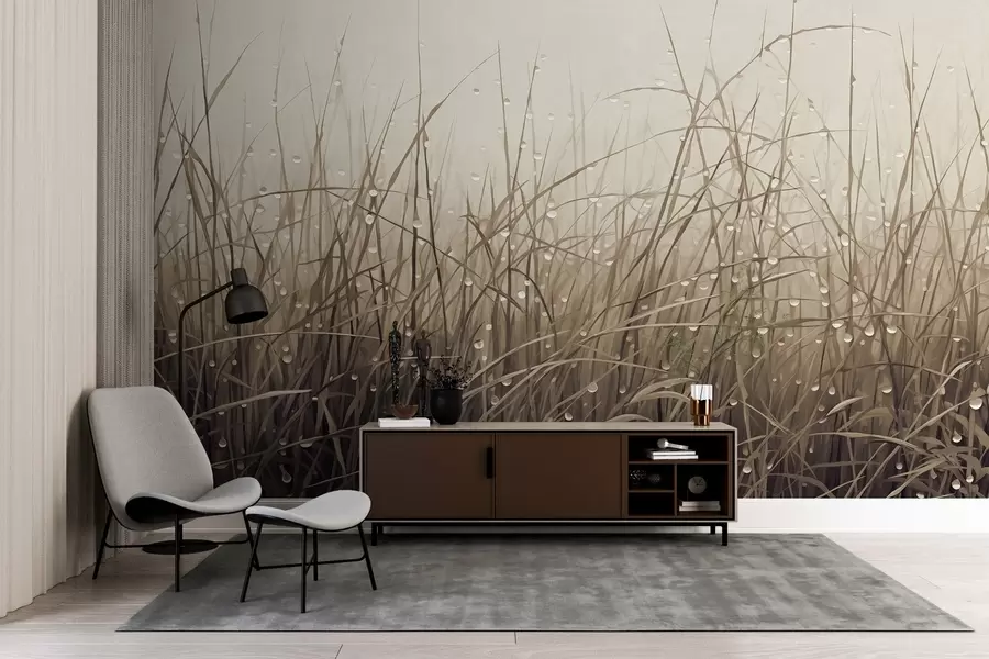 Fototapete Gras mit Wassertropfen, gedämpfte Brauntöne, weiches Licht, nebliger Hintergrund, abstrakter minimalistischer strukturierter Stil w09217v1