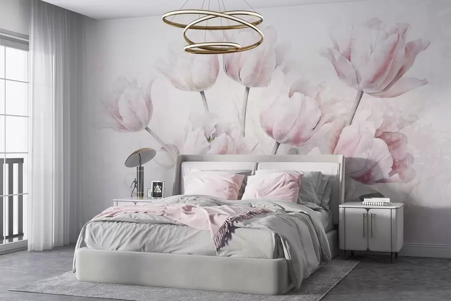 Fototapete Rosa strukturierte Tulpen mit grünen Blättern, weiches Licht, Vintage-Aquarellstil, zarte Pinselstriche w09220