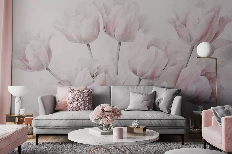 Fototapete Rosa strukturierte Tulpen mit grünen Blättern, weiches Licht, Vintage-Aquarellstil, zarte Pinselstriche w09220