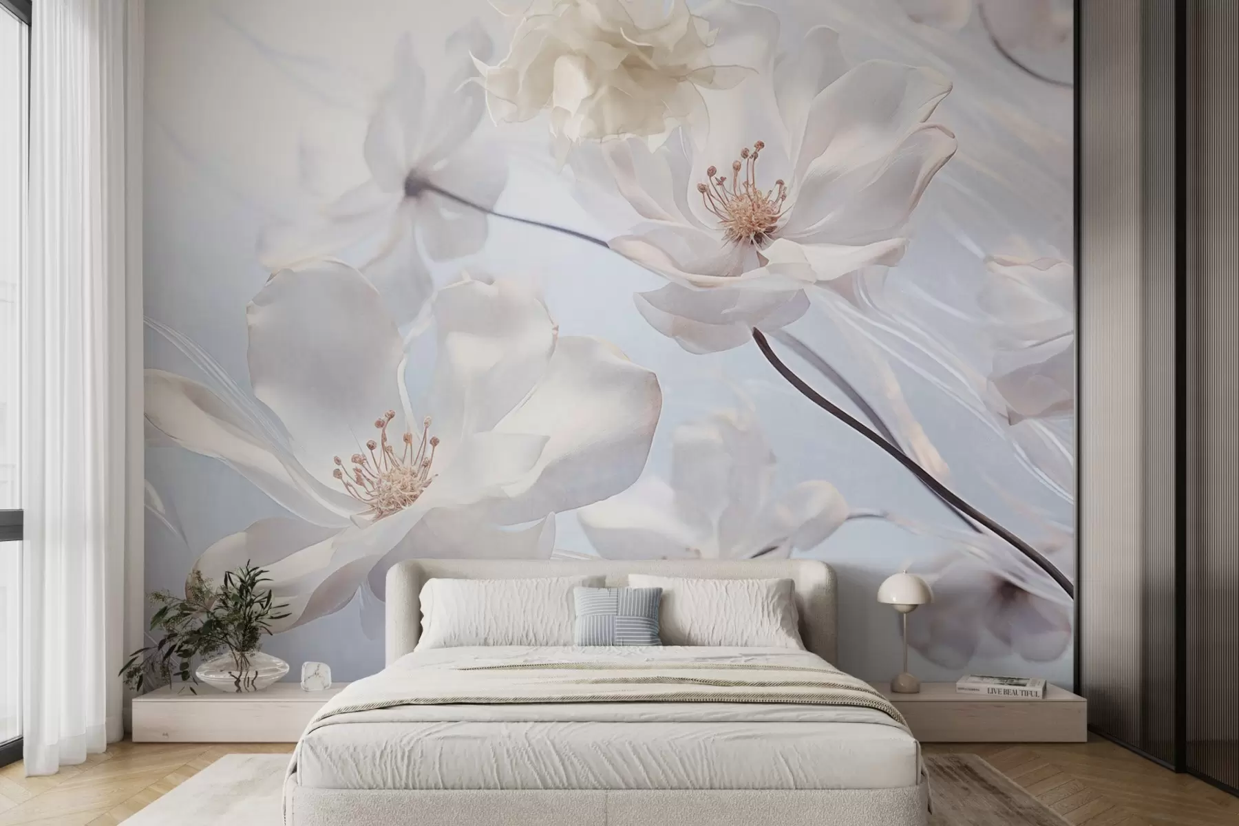 Fototapete Weiße strukturierte transparente Blumen mit zarten Blütenblättern, weicher hellblauer Hintergrund, elegant, romantisch, verträumt w09233