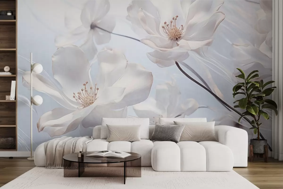 Fototapete Weiße strukturierte transparente Blumen mit zarten Blütenblättern, weicher hellblauer Hintergrund, elegant, romantisch, verträumt w09233
