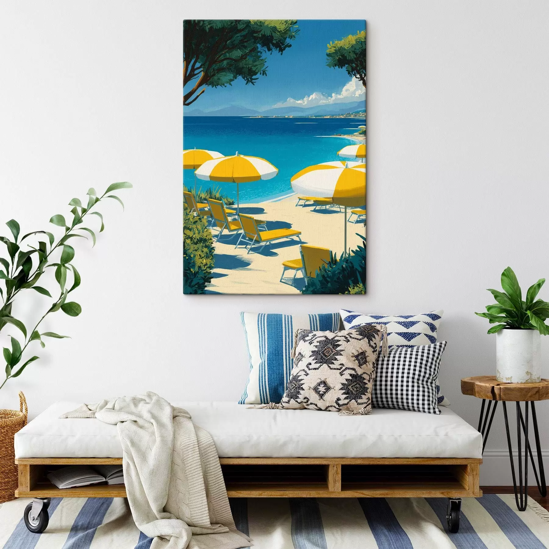 Wandbilder Sommerstrand mit Sonnenschirmen und Bäumen s44974