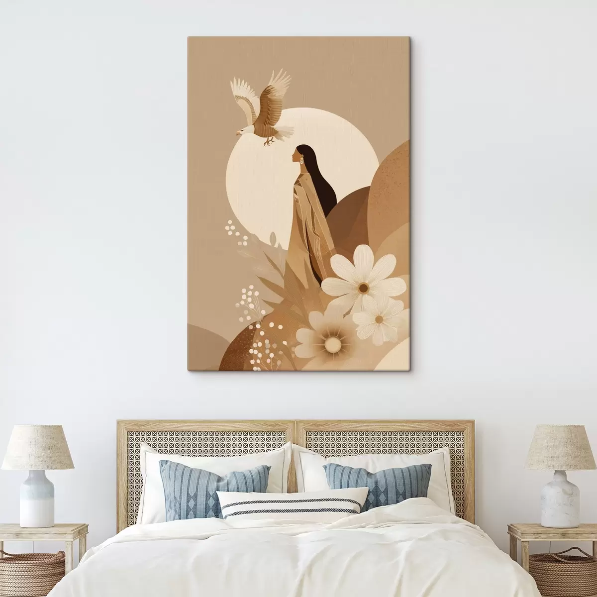 Wandbilder Abstraktion mit Frau und Adler in den Himmel, beige Farben s44978